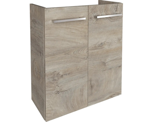 Meuble sous-vasque avec deux portes en décor bois chêne et poignées argentées.