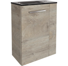 Moderner Waschbeckenunterschrank in Holzoptik mit silbernem Stangengriff und integriertem dunklem Waschbecken.