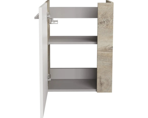 Badezimmer-Seitenschrank mit einer Tür und zwei Fächern, Korpus in Holzoptik, weiße Front mit Metallgriff.