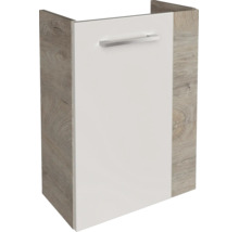 Badezimmer-Waschbeckenunterschrank mit weißer Front, Seitenwänden in Holzoptik und silberfarbenem Griff.