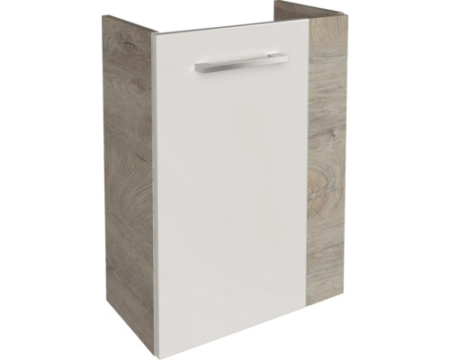 Badezimmer-Waschbeckenunterschrank mit weißer Front, Seitenwänden in Holzoptik und silberfarbenem Griff.