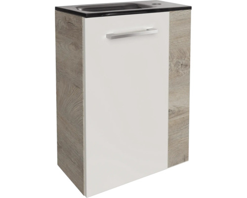 Gäste-Waschbeckenunterschrank mit weißer Front, Seitenteilen in Holzoptik, silbernem Griff und integriertem schwarzen Waschbecken.
