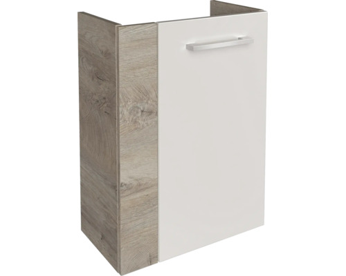 Waschbeckenunterschrank mit einer Tür, Korpus in Holzoptik, weißer Front und silbernem Griff.