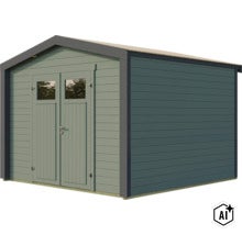Abri de jardin en bois avec porte double et fenêtres, design moderne pour usage extérieur. (Image AI modified or generated)