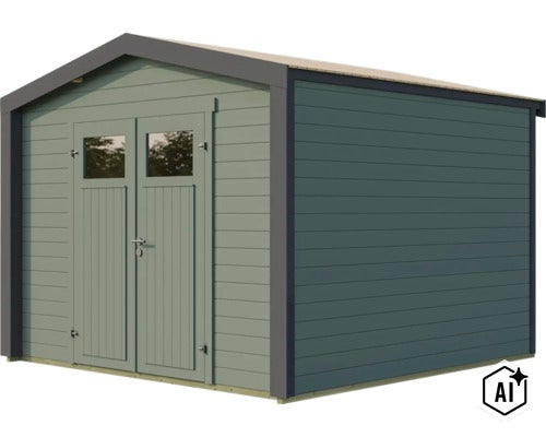 Abri de jardin en bois avec porte double et fenêtres, design moderne pour usage extérieur. (Image AI modified or generated)