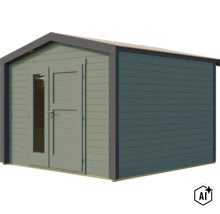 Abri de jardin en bois avec toit à deux pans et deux portes vitrées. (Image AI modified or generated)