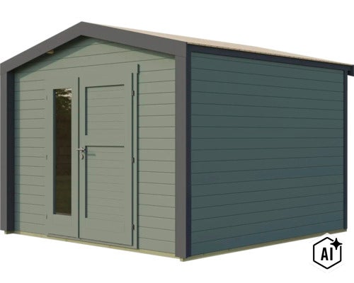 Abri de jardin en bois avec toit à deux pans et deux portes vitrées. (Image AI modified or generated)