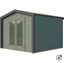 Abri de jardin en bois avec toit à deux pans et double porte avec fenêtres à lames (Image AI modified or generated)