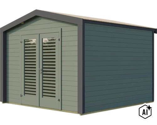 Abri de jardin en bois avec toit à deux pans et double porte avec fenêtres à lames (Image AI modified or generated)
