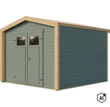 Abri de jardin en bois avec double porte et fenêtres au design de toit en pente (Image AI modified or generated)