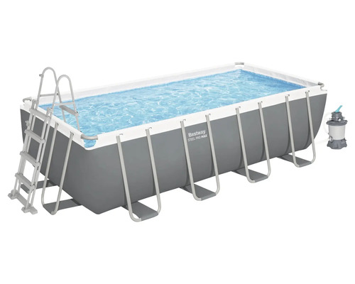 Rechteckiger Aufstellpool Bestway Steel Pro Max mit Stahlrahmen, Leiter und Filterpumpe.