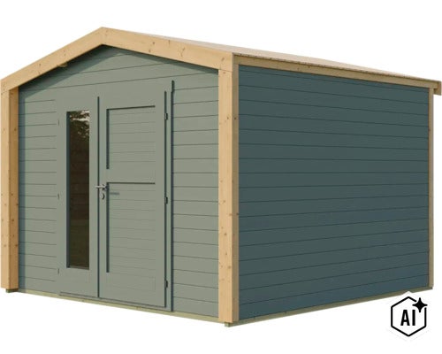 Abri de jardin moderne en bois avec toit en bâtière et porte double avec insert en verre pour ranger les outils de jardin. (Image AI modified or generated)