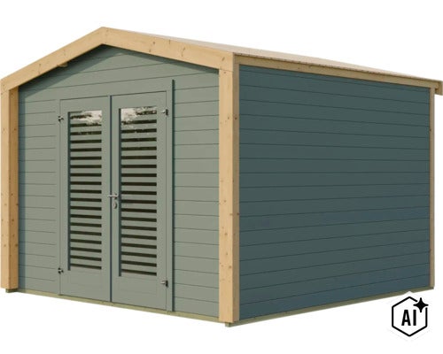 Abri de jardin moderne en bois avec double porte et fenêtres à persiennes (Image AI modified or generated)