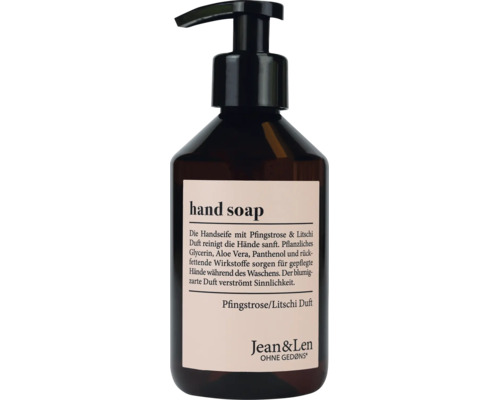 Savon liquide pour les mains Jean & Len au parfum de pivoine et de litchi dans un flacon pompe avec aloe vera et panthénol.