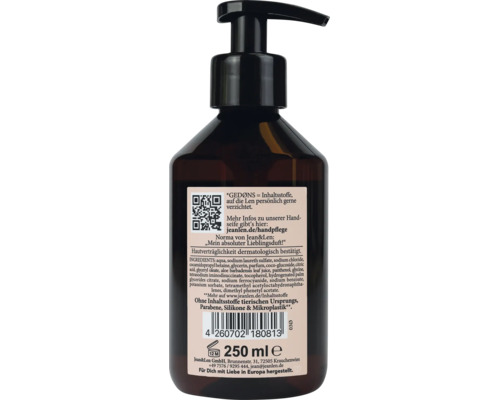Dos d'un flacon de savon liquide Jean und Len avec ingrédients, code-barres, contenance de 250 millilitres et pompe doseuse.