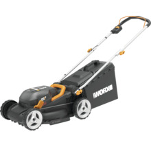 Tondeuse à gazon à batterie Worx noire et orange avec 40 Volt, système de batterie Power Share et bac de ramassage.