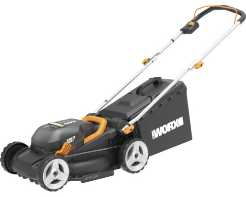 Tondeuse à gazon à batterie Worx noire et orange avec 40 Volt, système de batterie Power Share et bac de ramassage.