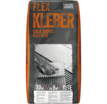 Colle souple Lugato pour carrelage mural et de sol, 30 kilogrammes, rendement circa 9 mètres carrés, classification C2TE.