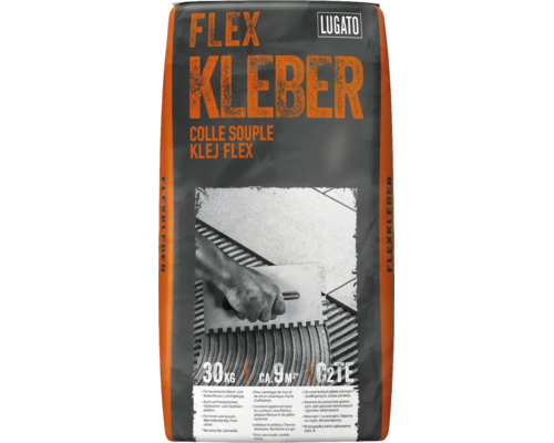 Colle souple Lugato pour carrelage mural et de sol, 30 kilogrammes, rendement circa 9 mètres carrés, classification C2TE.
