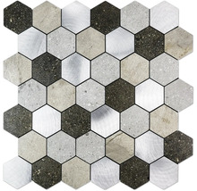 Mosaikfliese Hexagon aus Naturstein und Aluminium in Steinoptik und Metallstruktur für Wand und Boden.