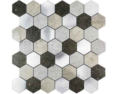 Mosaikfliese Hexagon aus Naturstein und Aluminium in Steinoptik und Metallstruktur für Wand und Boden.