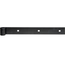 Penture en métal noir avec oeil cylindrique et trois trous carrés pour le montage de portails ou de portes.