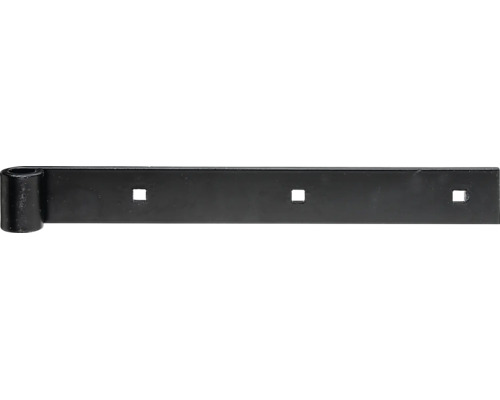 Penture en métal noir avec oeil cylindrique et trois trous carrés pour le montage de portails ou de portes.