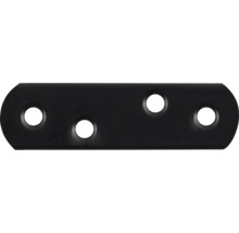 Schwarzer Flachverbinder aus Metall mit vier Löchern zur Holzverbindung.