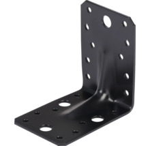 Équerre de renfort en acier noir avec nervure de renforcement et plusieurs trous pour constructions en bois.