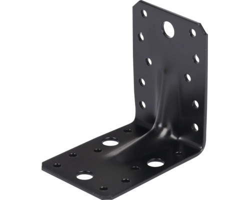 Équerre de renfort en acier noir avec nervure de renforcement et plusieurs trous pour constructions en bois.