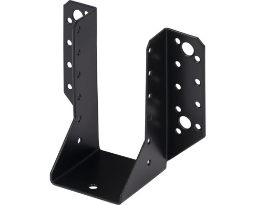 Sabot de charpente noir en métal avec ailes extérieures et trous pré-percés pour connecteurs de bois.