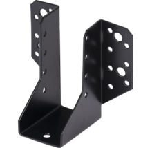 Sabot de charpente en métal noir avec ailes extérieures et trous pré-percés pour la fixation de poutres en bois.