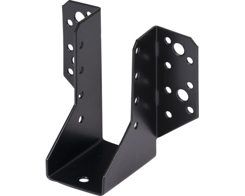Sabot de charpente en métal noir avec ailes extérieures et trous pré-percés pour la fixation de poutres en bois.