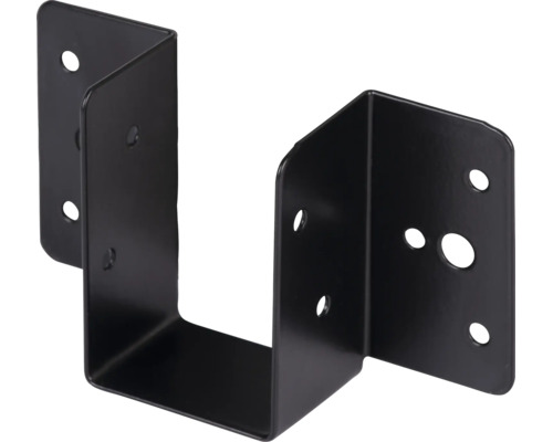 Sabot de solive en métal noir en forme de U avec des trous pré-percés pour la fixation de poutres en bois.