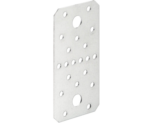 Plaque perforée rectangulaire en acier galvanisé avec différents trous pour les assemblages en bois.