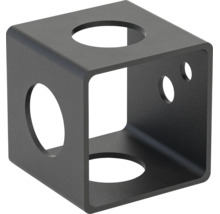 Connecteur d'angle métallique cubique en anthracite avec des découpes circulaires pour profilés de construction.