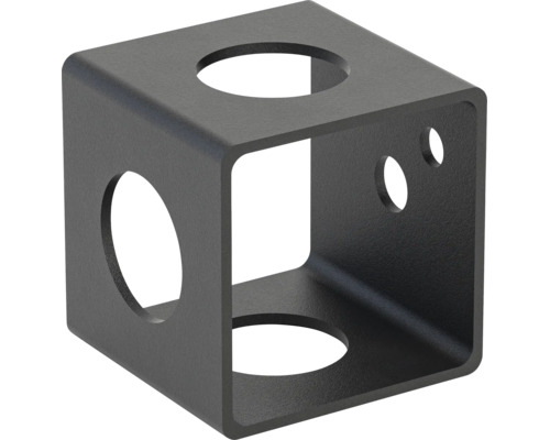 Connecteur d'angle métallique cubique en anthracite avec des découpes circulaires pour profilés de construction.