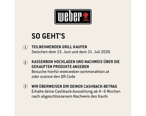 Weber Logo. Schritt für Schritt Anleitung zur Weber Cashback Aktion: Grill kaufen, Kassenbon hochladen, Cashback erhalten.