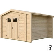 Abri de jardin en bois avec porte double et auvent latéral intégré en bois naturel avec toit en pente (Image AI modified or generated)