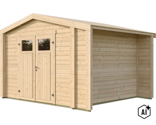 Abri de jardin en bois avec porte double et auvent latéral intégré en bois naturel avec toit en pente (Image AI modified or generated)