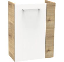 Badezimmer-Seitenschrank mit weißer Front und Seiten in Eiche-Optik, inklusive silberfarbenem Griff.
