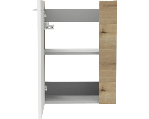 Innenansicht eines Schranks mit Regalböden, weißer Seitenwand, Front in Holzoptik und Metallscharnieren.