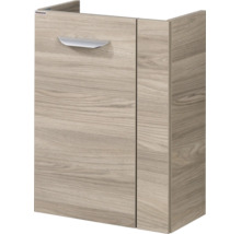 Meuble sous-lavabo en aspect bois avec une poignée en métal argenté.