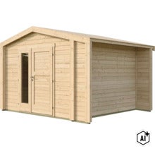 Abri de jardin en bois avec toit à deux pans et porte double vitrée (Image AI modified or generated)