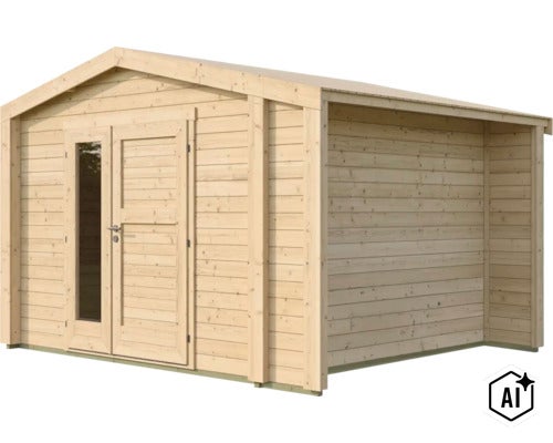 Abri de jardin en bois avec toit à deux pans et porte double vitrée (Image AI modified or generated)