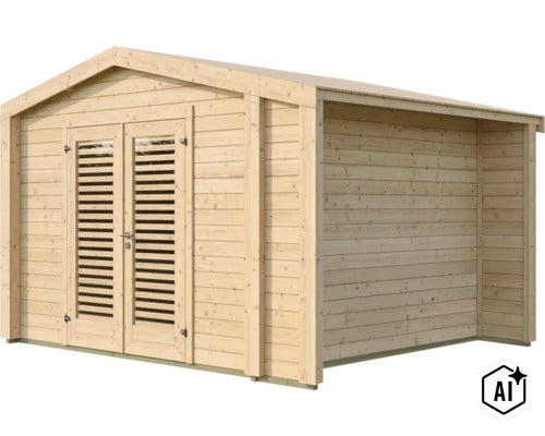 Abri de jardin en bois massif avec double porte et fenêtres à persiennes au design classique avec toit à deux pans pour le rangement. (Image AI modified or generated)