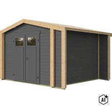 Abri de jardin en bois avec porte double, ouvertures de fenêtre et cadre en bois naturel pour une construction de jardin stable. (Image AI modified or generated)