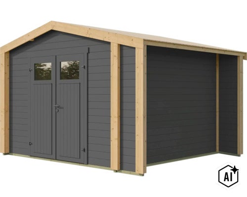 Abri de jardin en bois avec porte double, ouvertures de fenêtre et cadre en bois naturel pour une construction de jardin stable. (Image AI modified or generated)