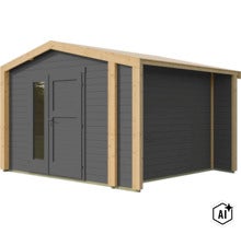 Abri de jardin en bois avec toit en appentis et double porte avec insert en verre. (Image AI modified or generated)