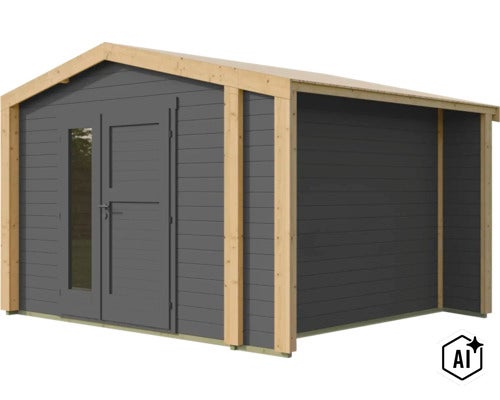 Abri de jardin en bois avec toit en appentis et double porte avec insert en verre. (Image AI modified or generated)